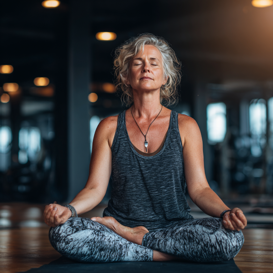 Літня жінка займається йогою