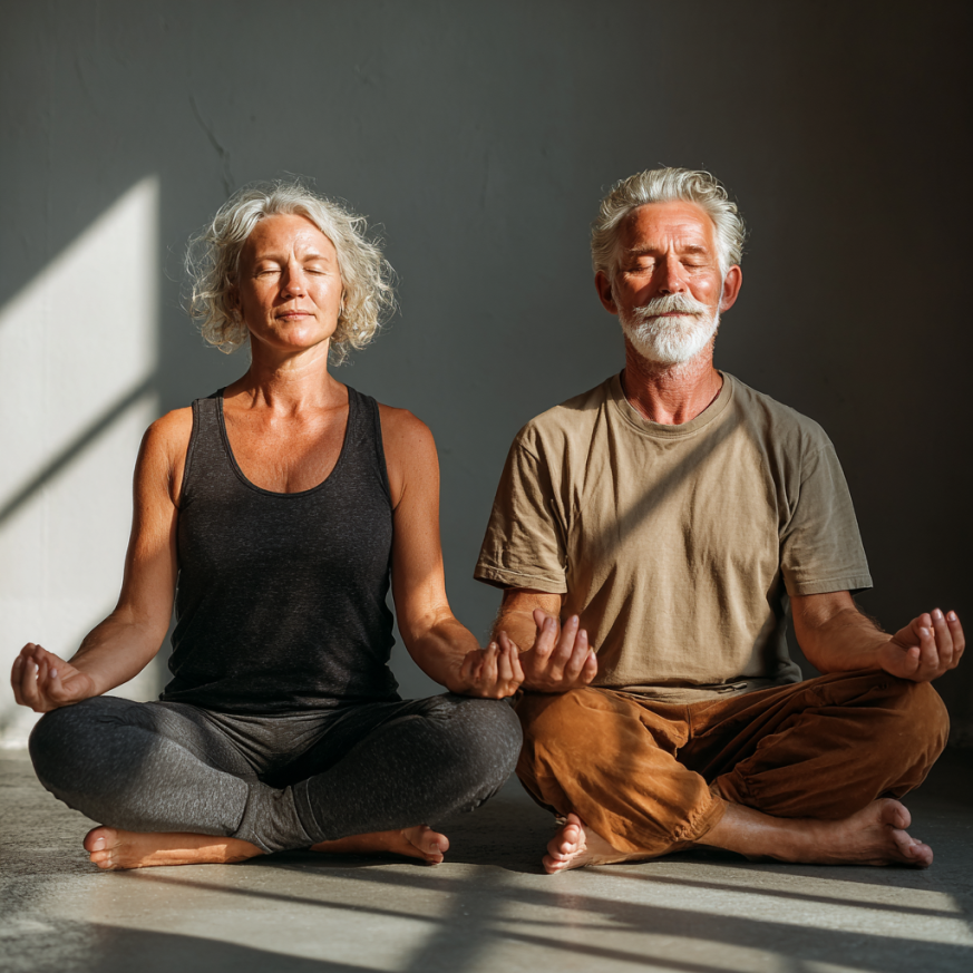 Літня людина в позі йоги